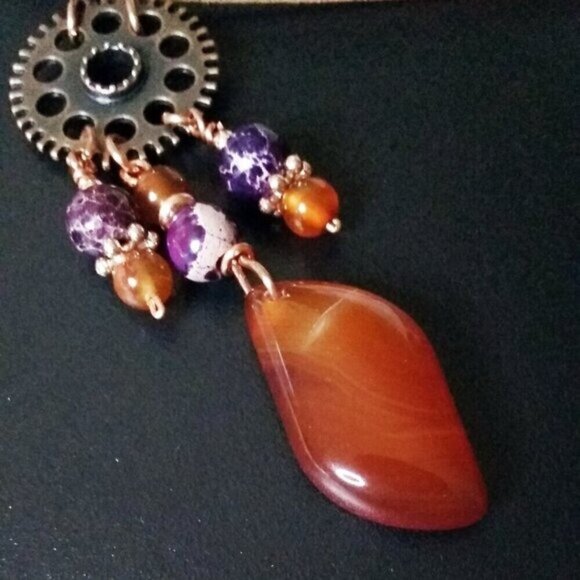 Snazzy! Orange Agate Purple Sea Sediment Jasper Copper Steampunk Suede Necklace - Picture 4 of 8